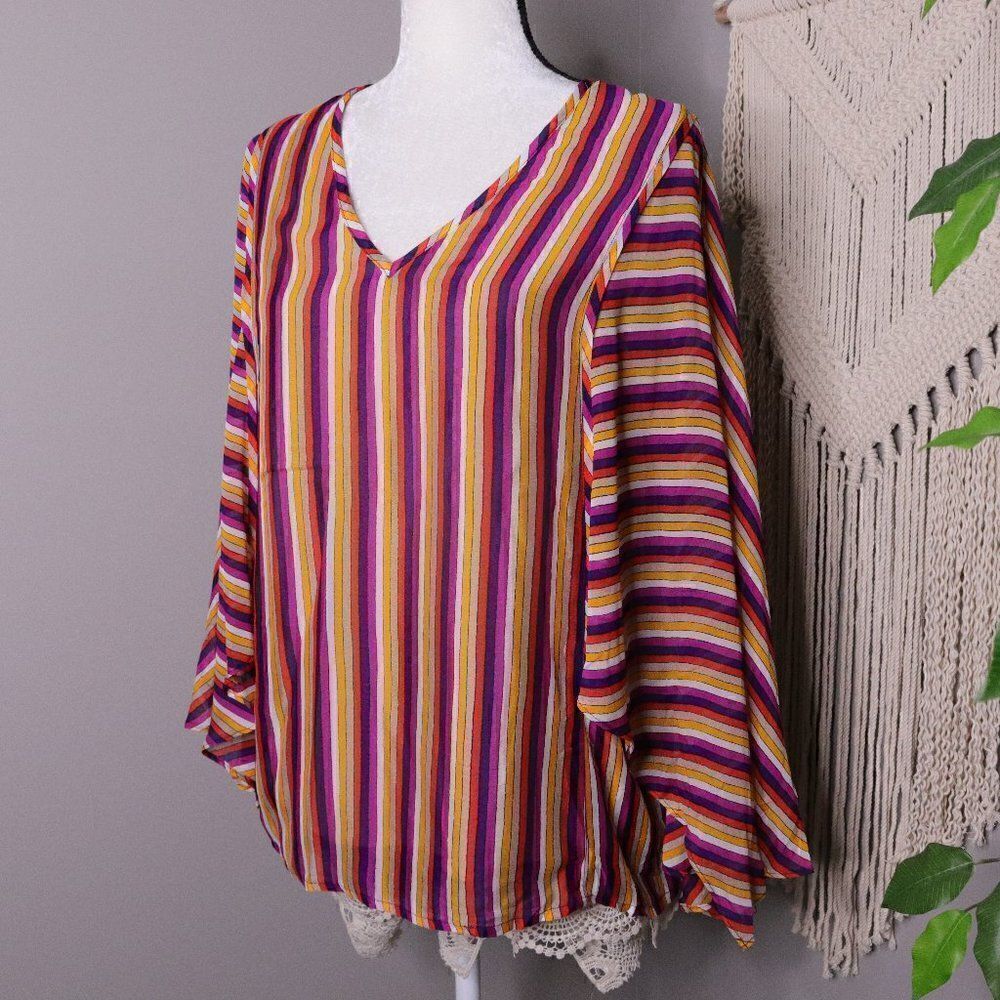 Trina Turk | Satin Striped V Neck Blouse Small‎